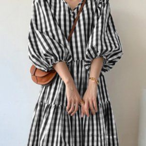 Puff Sleeve Grid V-neck Pleats Casual Dress